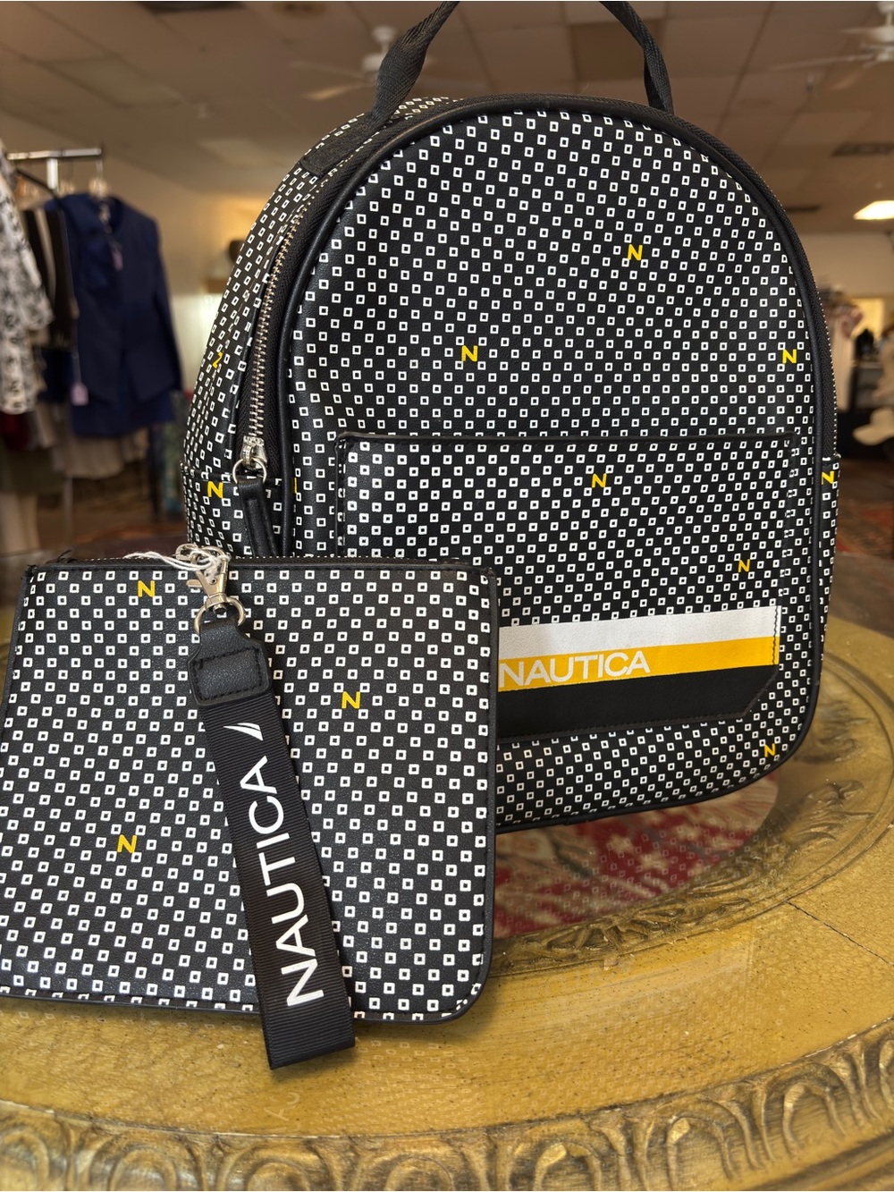 Nautica Black & White Geometric Backpack with Yellow Accent Wristlet